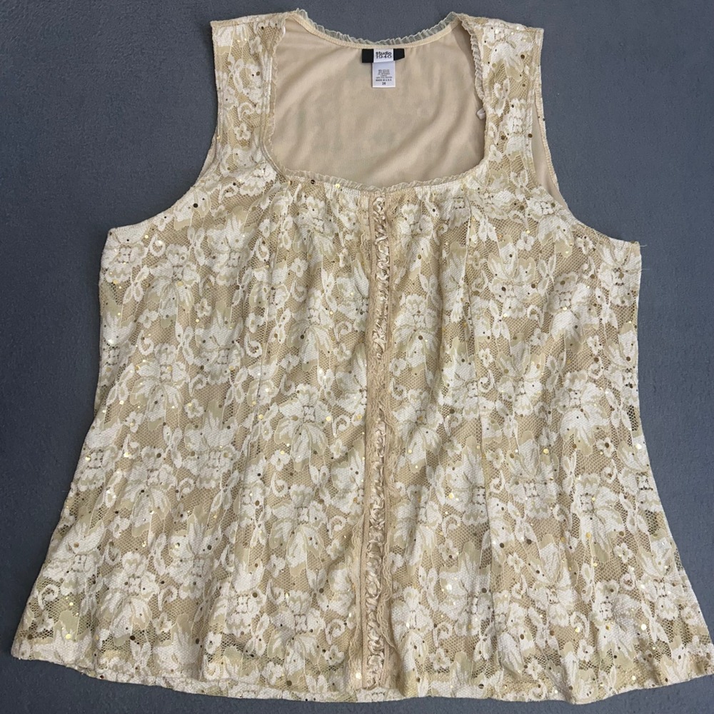 Studio 1940 Tank Top Womens 26 Beige Floral Lace Sequin Square Neck Ruffle Trim